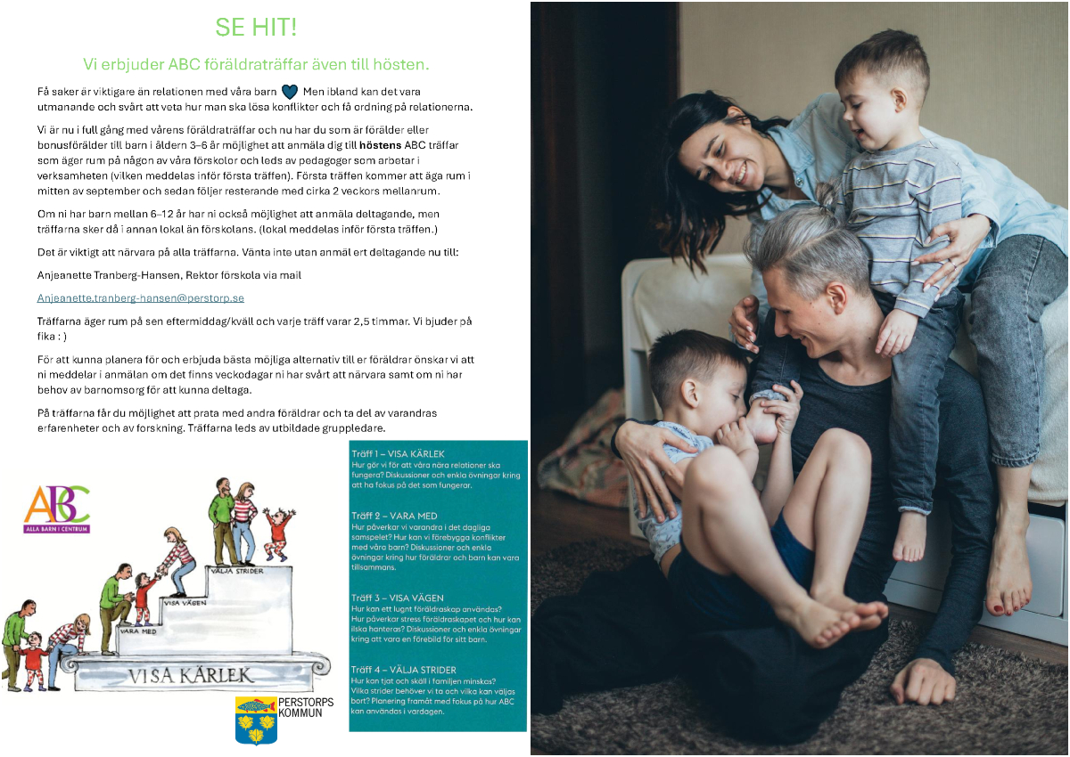 Bildcollage med två bildre där den första är en affisch med information om föräldrautbildning och den andra bilden är en familjen med vuxna och barn som sitter i och nedför en soffa.